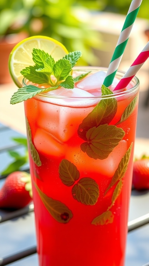 A glass of Minty Strawberry Lime Refresher with strawberries, mint, and lime, served with ice.